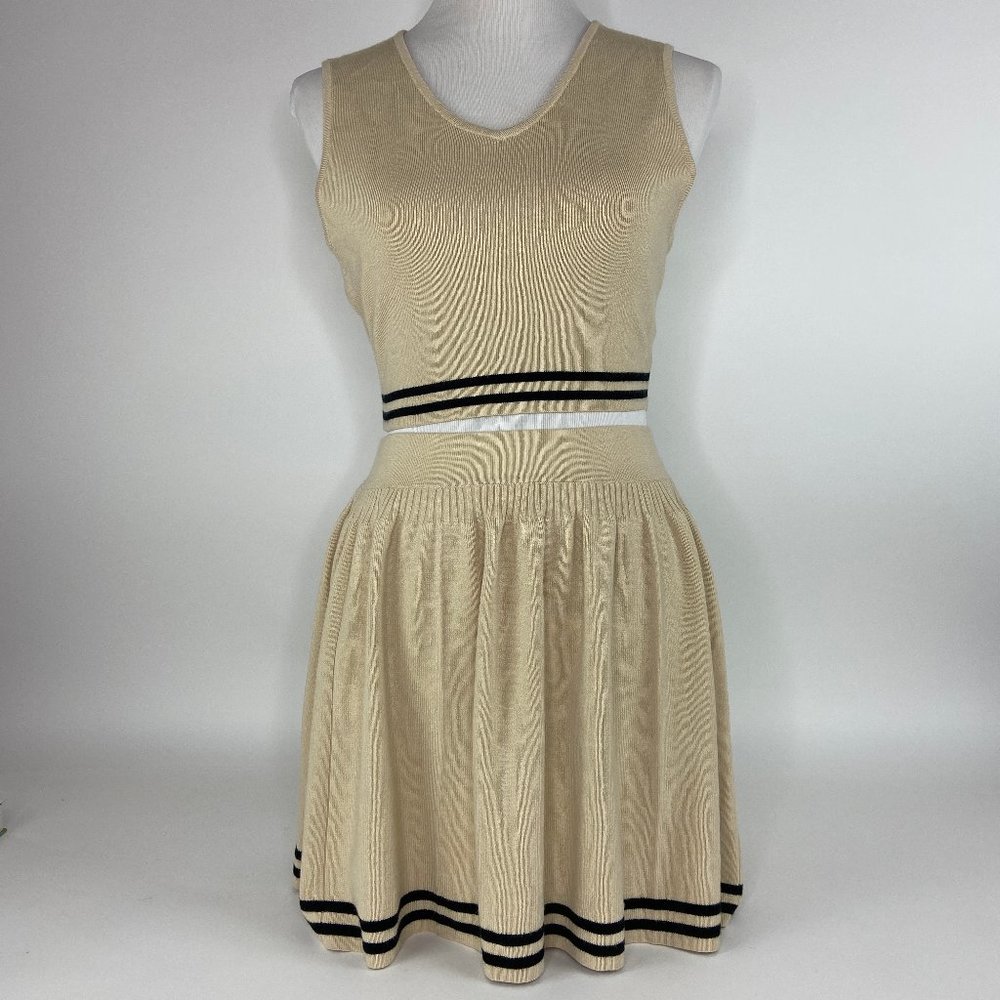 Tan Black Stripes Tank and Mini-Skirt Cropped Set